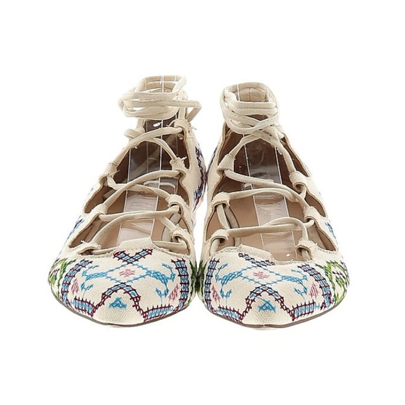 Billy Ella (Anthropologie) Lace Up Embroidered Cross Stitch Canvas Ballet flats - Picture 4 of 7